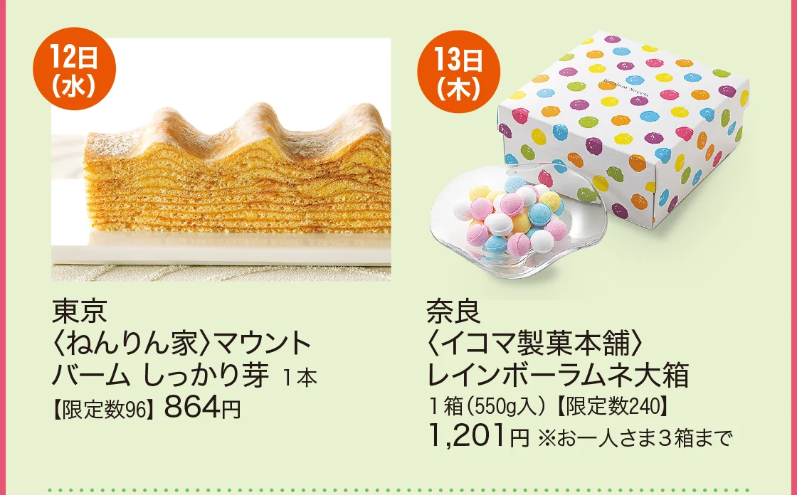 12日(水)東京〈ねんりん家〉、13日(木)奈良〈イコマ製菓本舗〉