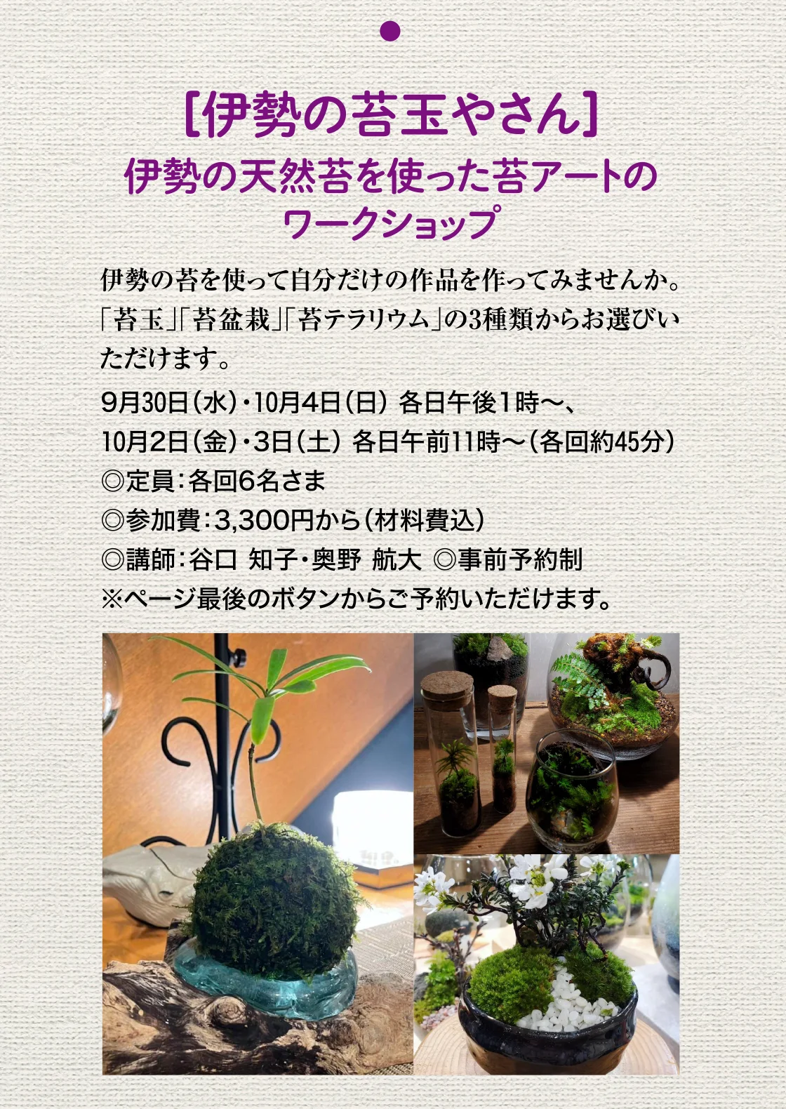 ［伊勢の苔玉やさん］伊勢の天然苔を使った苔アートのワークショップ