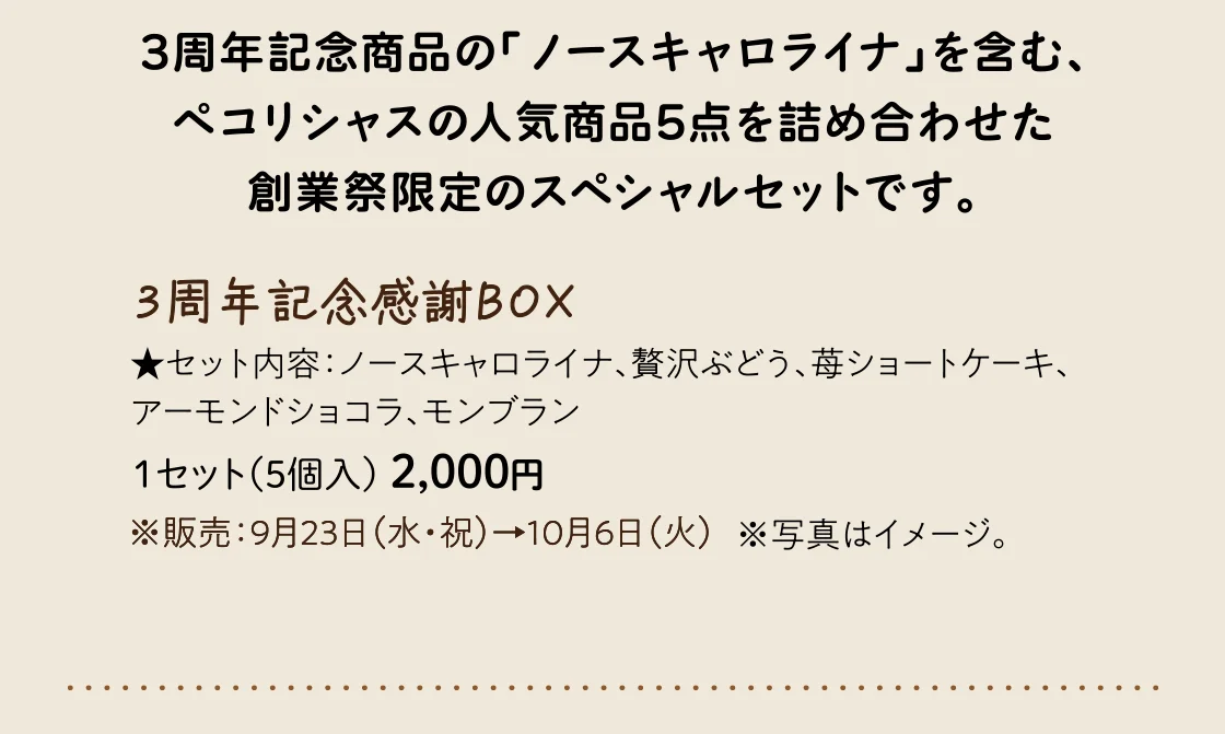 3周年記念商品の「ノースキャロライナ」を含む、ペコリシャスの人気商品5点を詰め合わせた創業祭限定のスペシャルセットです。